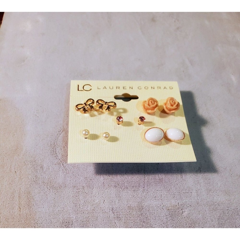 LC Lauren Conrad Stud Earrings 5 Pairs Dainty Pink Gold Tone NEW - Picture 2 of 5